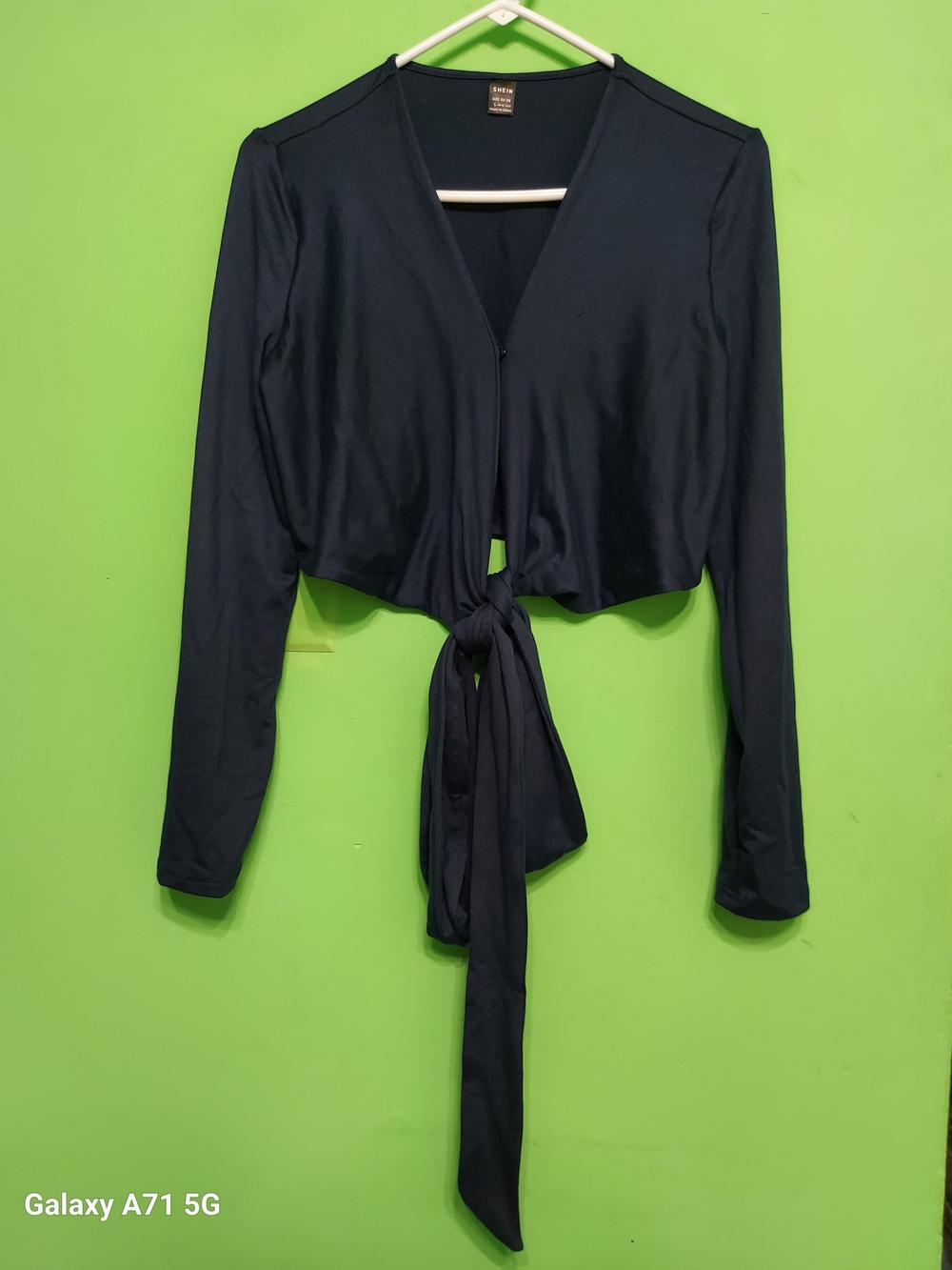 Navy Wrap-Style Long Sleeve Crop Top with Waist Ties - Picture 2 of 8